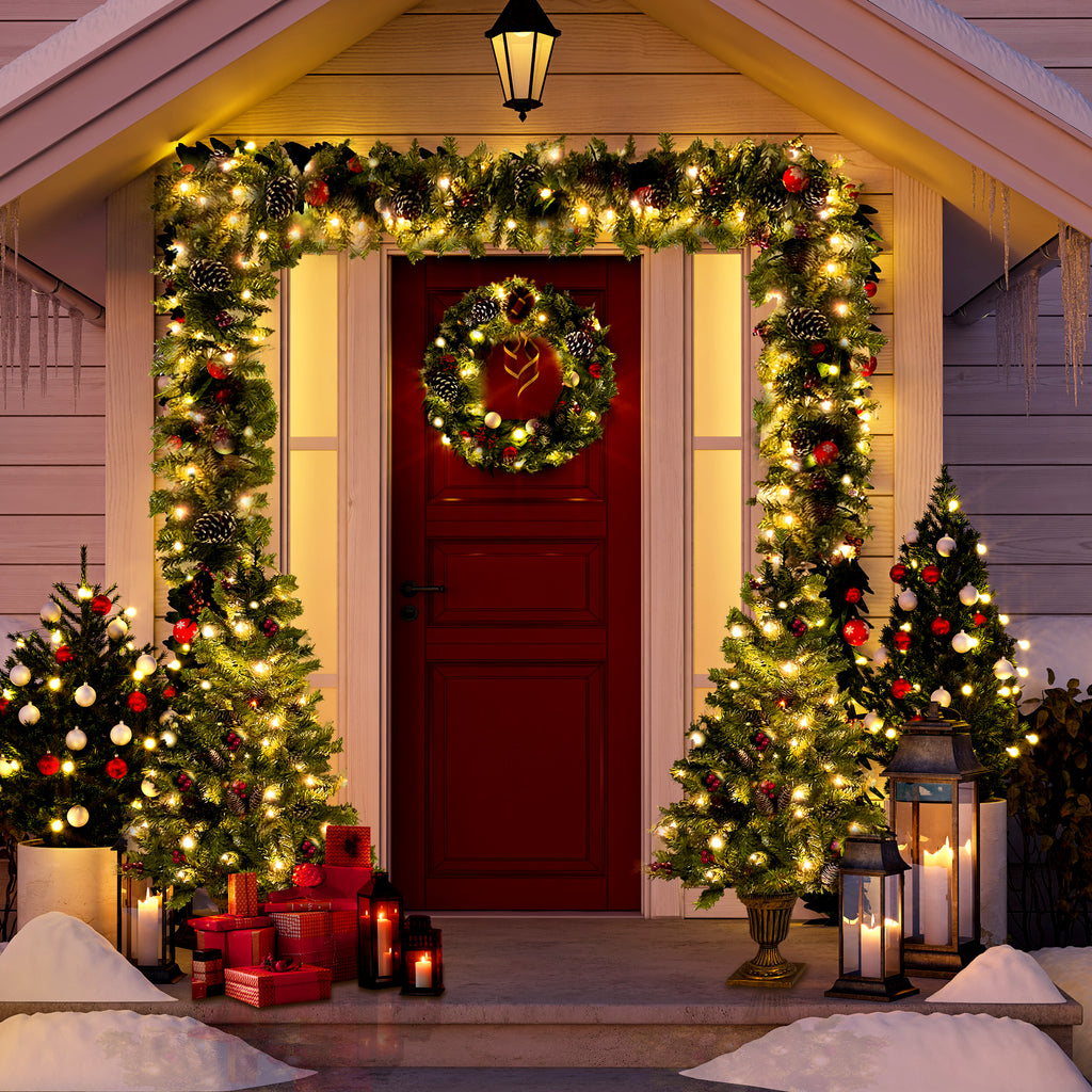Classic Green Christmas 4-Piece Set – 2 Entrance Trees, Garland & Wreath with 340 LED Lights