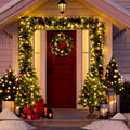 Classic Green Christmas 4-Piece Set – 2 Entrance Trees, Garland & Wreath with 340 LED Lights