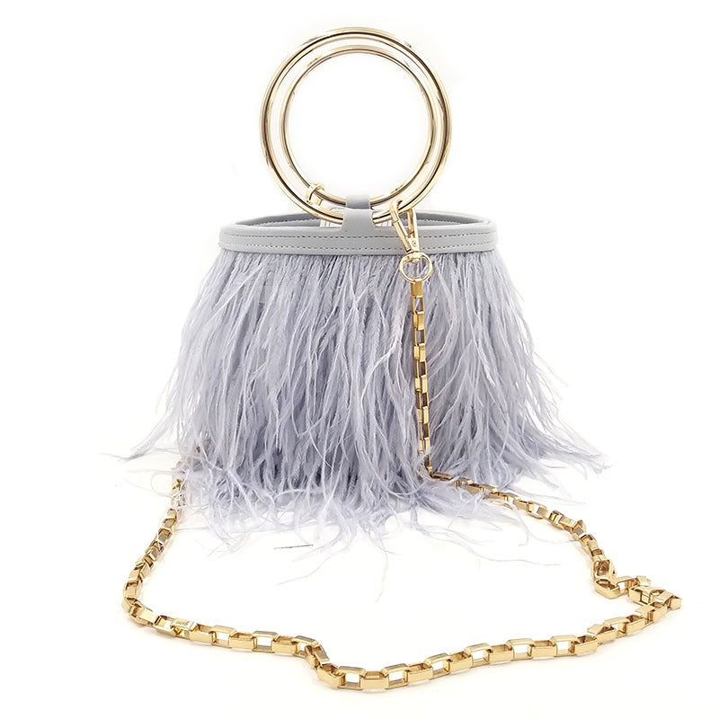 Ostrich Feather Chain Bag – Luxury Round Shoulder Bag with Ring Detail
