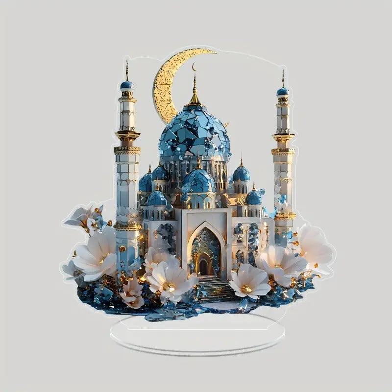Ramadan Acrylic Moon & Castle Ornament – Eid Al-Fitr Decoration Stand