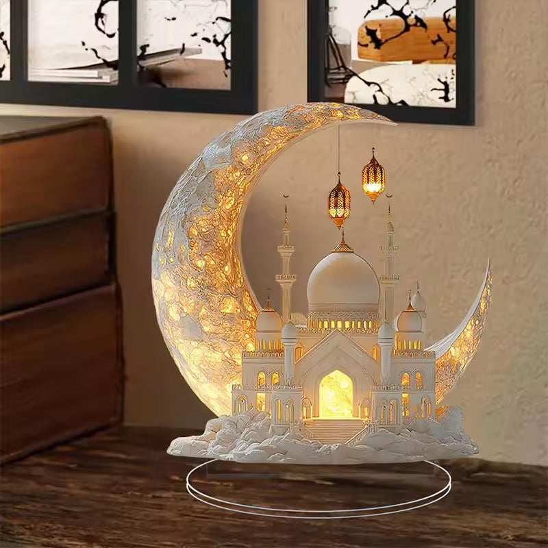 Ramadan Acrylic Moon & Castle Ornament – Eid Al-Fitr Decoration Stand