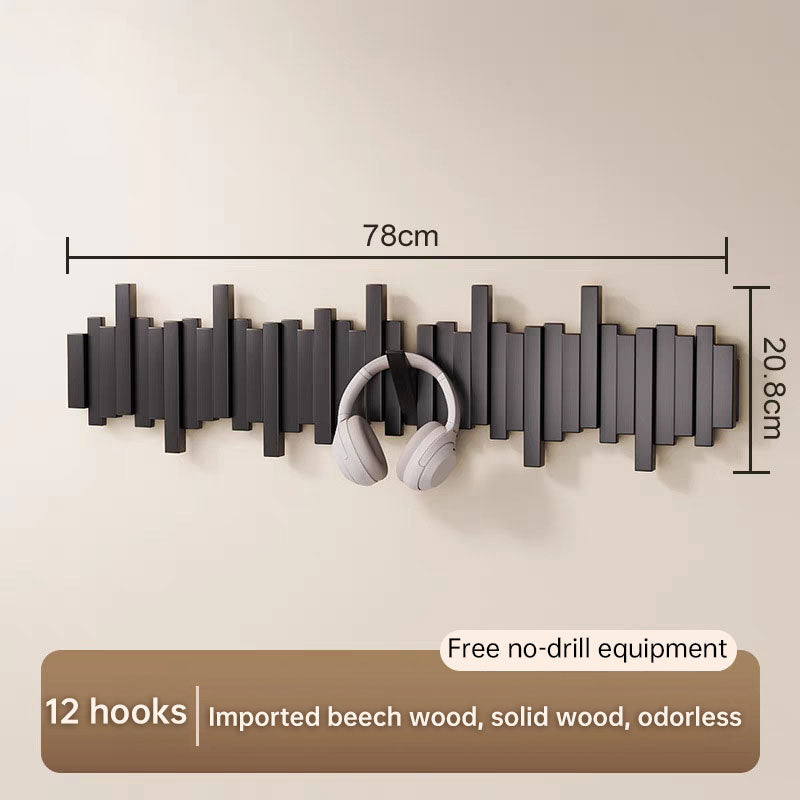 Solid Beech Wood Piano Key Wall Hook Rack - No Drill or Screw Mount, Entryway Coat and Bag Organiser