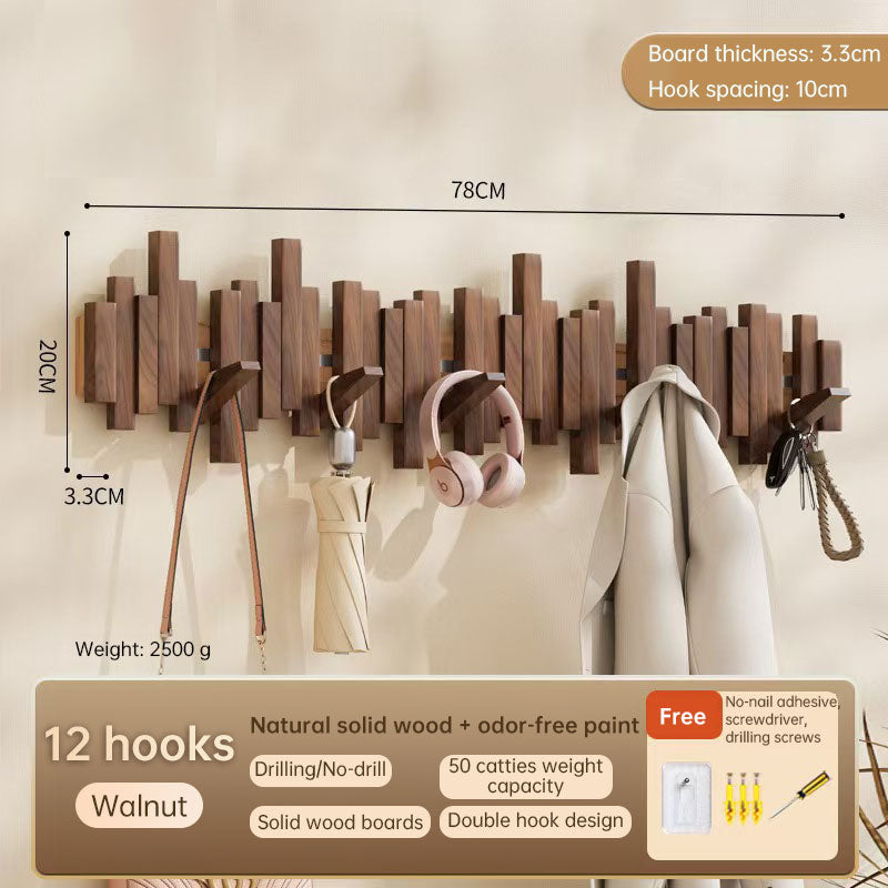 Solid Beech Wood Piano Key Wall Hook Rack - No Drill or Screw Mount, Entryway Coat and Bag Organiser