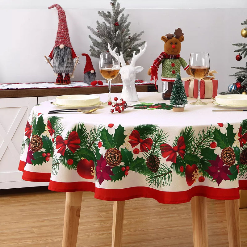 Christmas Pine & Holly Tablecloth - Festive Polyester Dining Table Cover in 4 Designs & 7 Sizes
