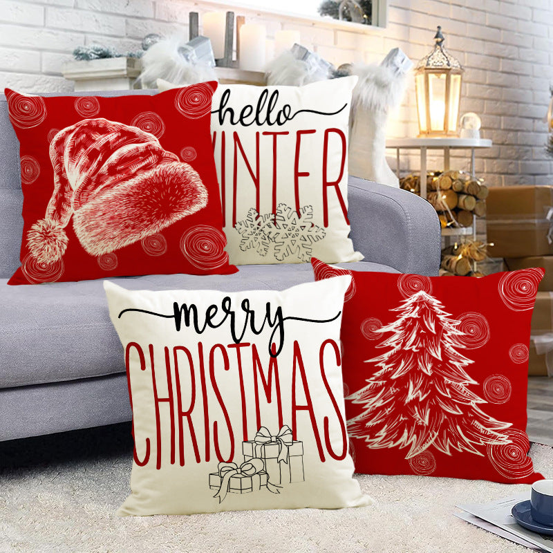 Christmas Linen Cushion Cover - Festive Print Pillowcase in 4 Designs (45x45cm)