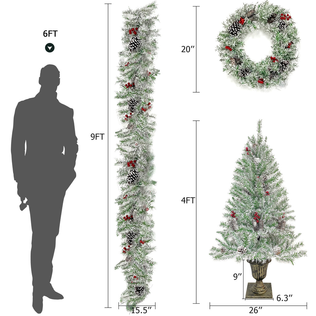 Pre-Lit Christmas 4-Piece Set – 2 Entrance Trees, Garland & Wreath with 340 LED Lights