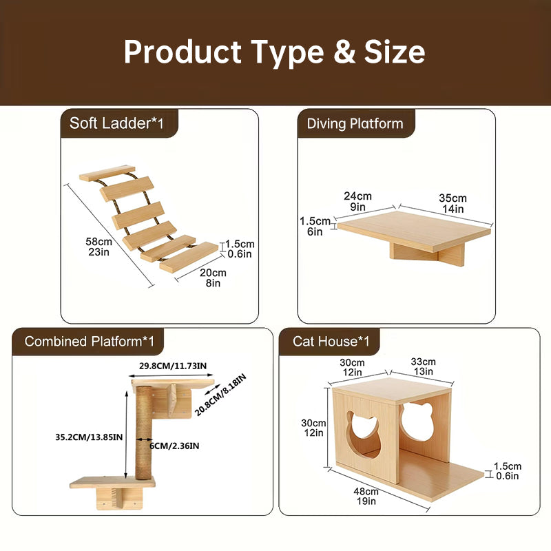 Wall-Mounted Cat Activity Centre - Hammock, Platforms & Sisal Scratch Post Set for Indoor Cats