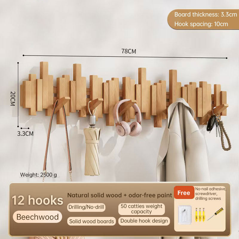Solid Beech Wood Piano Key Wall Hook Rack - No Drill or Screw Mount, Entryway Coat and Bag Organiser
