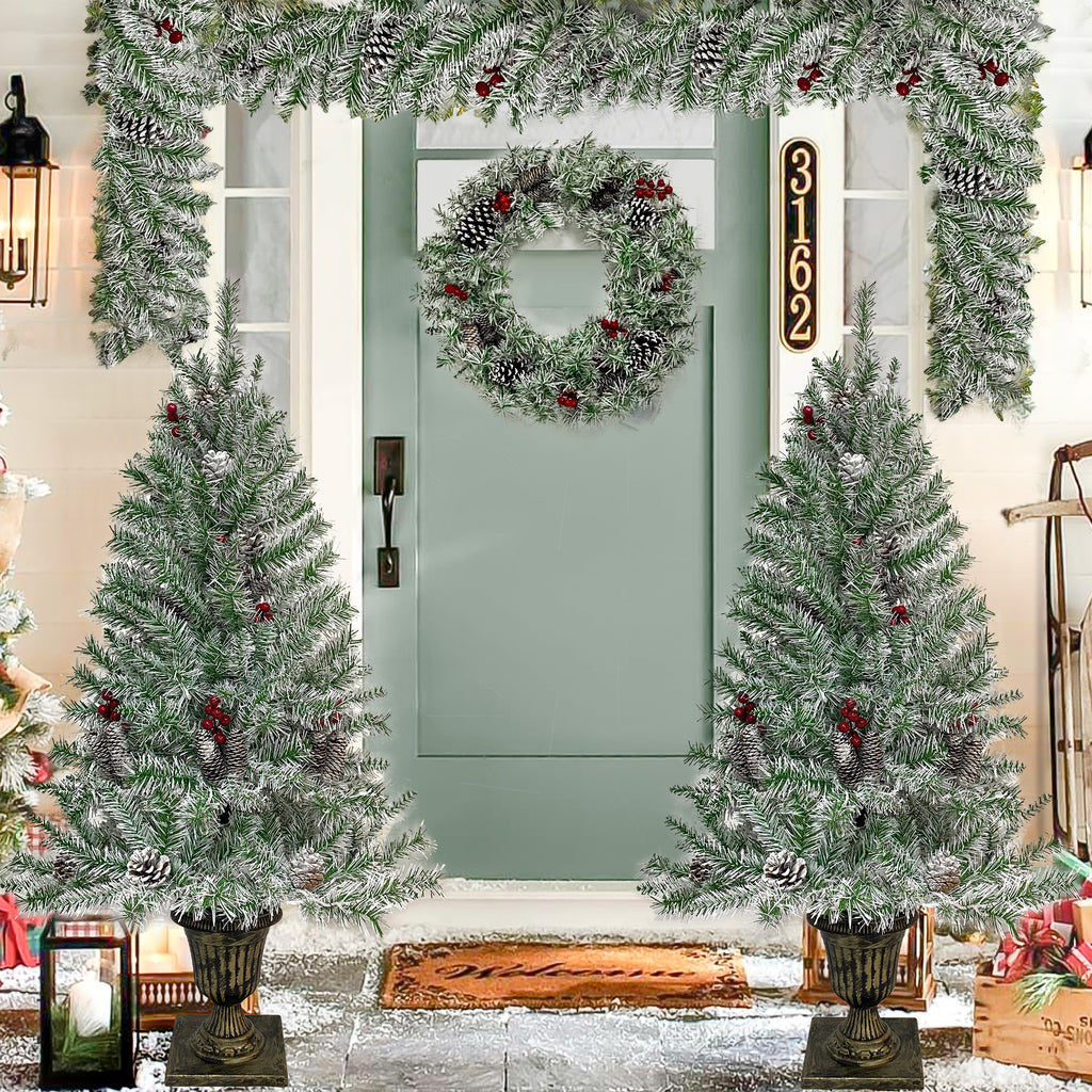 Pre-Lit Christmas 4-Piece Set – 2 Entrance Trees, Garland & Wreath with 340 LED Lights