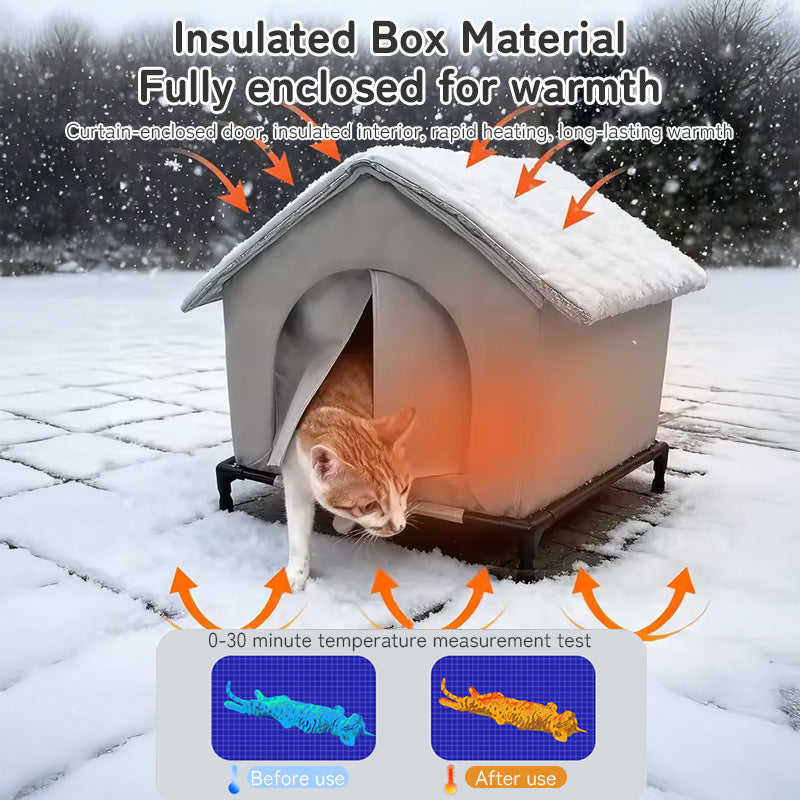 Insulated Outdoor Cat House with Raised Base - Windproof Weatherproof Shelter with Reflective Lining