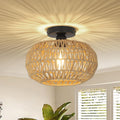 Boho Rattan Ceiling Light - Hand-Woven Flush Mount Fixture with Dimmable LED Bulb, 12" Natural Brown