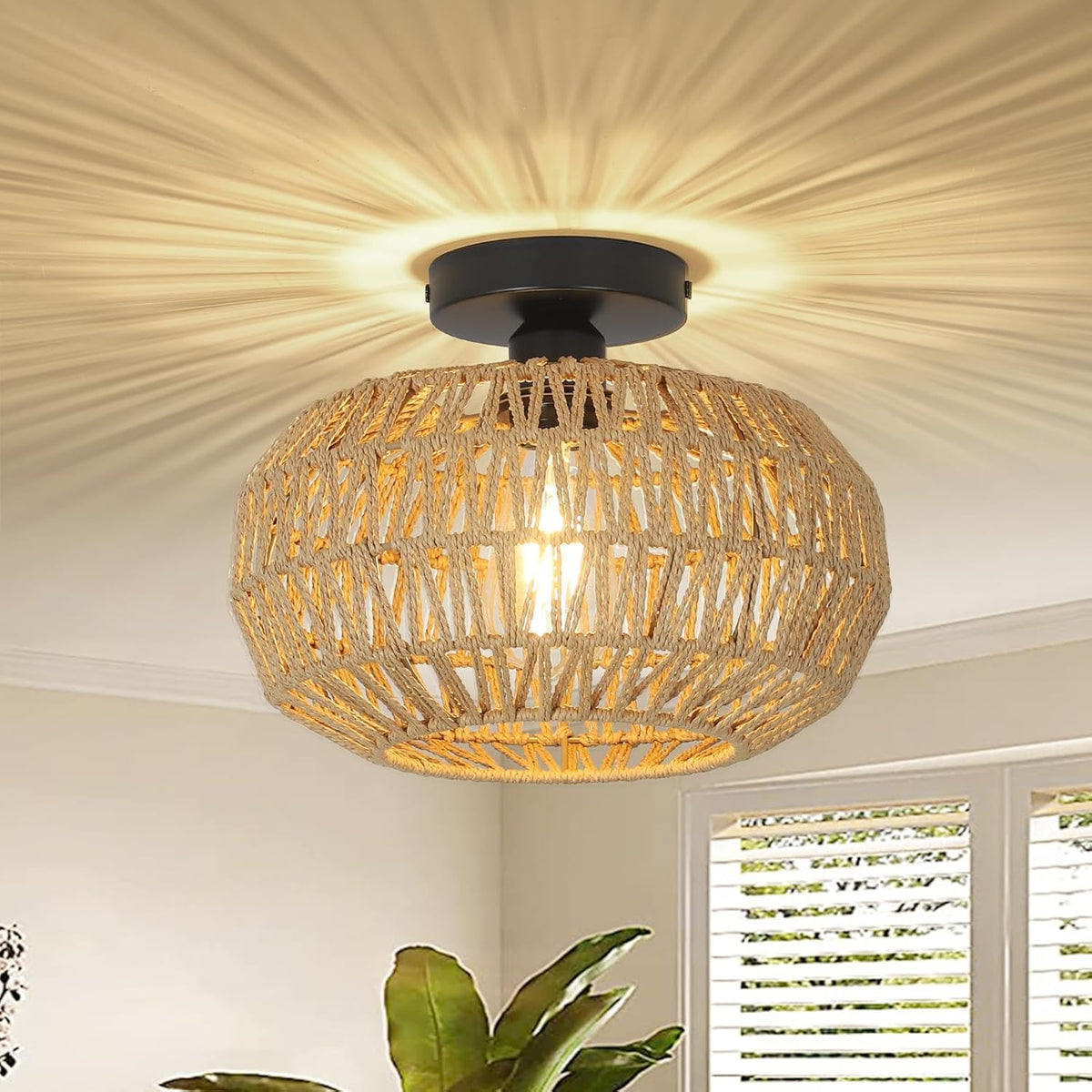 Boho Rattan Ceiling Light - Hand-Woven Flush Mount Fixture with Dimmable LED Bulb, 12" Natural Brown