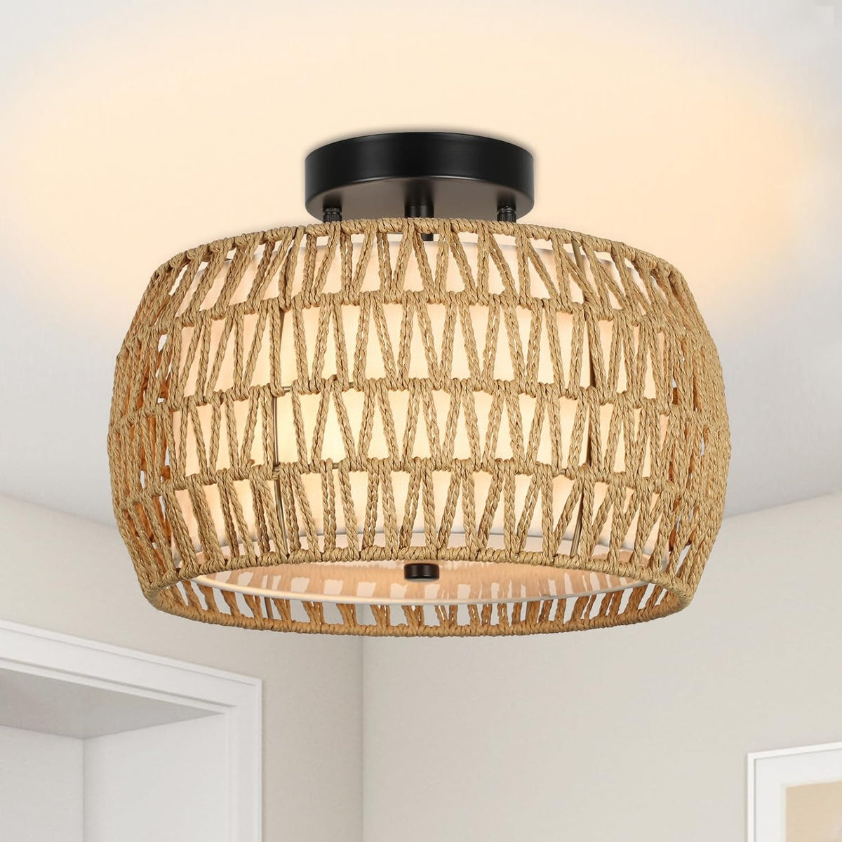Boho Rattan Ceiling Light with Fabric Shade - Hand-Woven Semi Flush Mount, Farmhouse Style, Brown