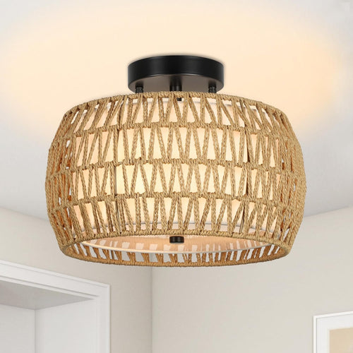 Boho Rattan Ceiling Light with Fabric Shade - Hand-Woven Semi Flush Mount, Farmhouse Style, Brown