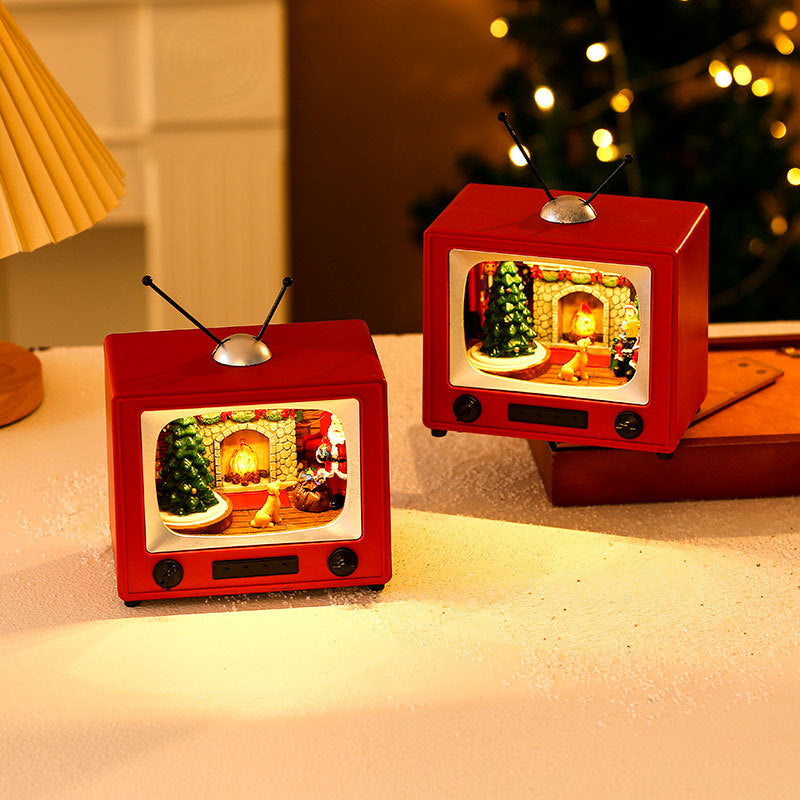 Christmas Rotating Music Box Vintage TV Ornament - Luminous Santa Desktop Decoration in 2 Designs