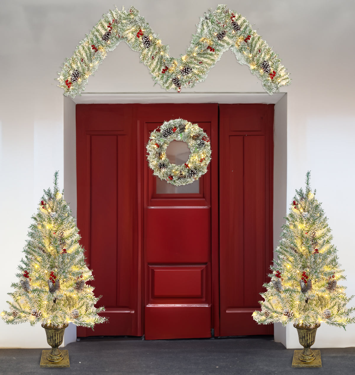 Pre-Lit Christmas 4-Piece Set – 2 Entrance Trees, Garland & Wreath with 340 LED Lights