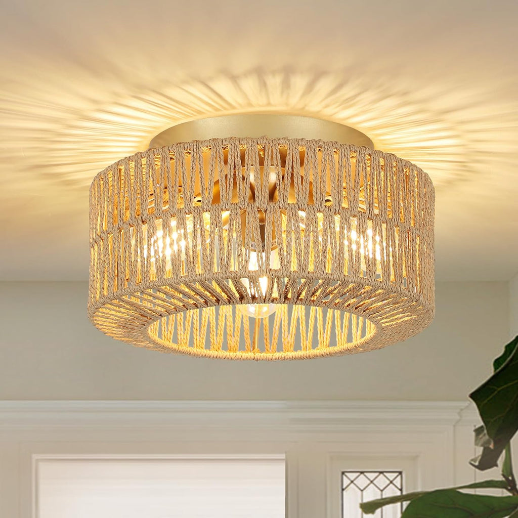 Boho 3-Light Rattan Ceiling Light - Farmhouse Flush Mount Fixture with Hand-Woven Shade, Brown & Gold