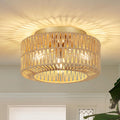 Boho 3-Light Rattan Ceiling Light - Farmhouse Flush Mount Fixture with Hand-Woven Shade, Brown & Gold