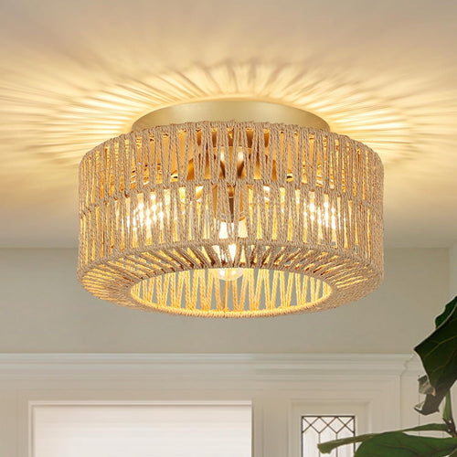 Boho 3-Light Rattan Ceiling Light - Farmhouse Flush Mount Fixture with Hand-Woven Shade, Brown & Gold