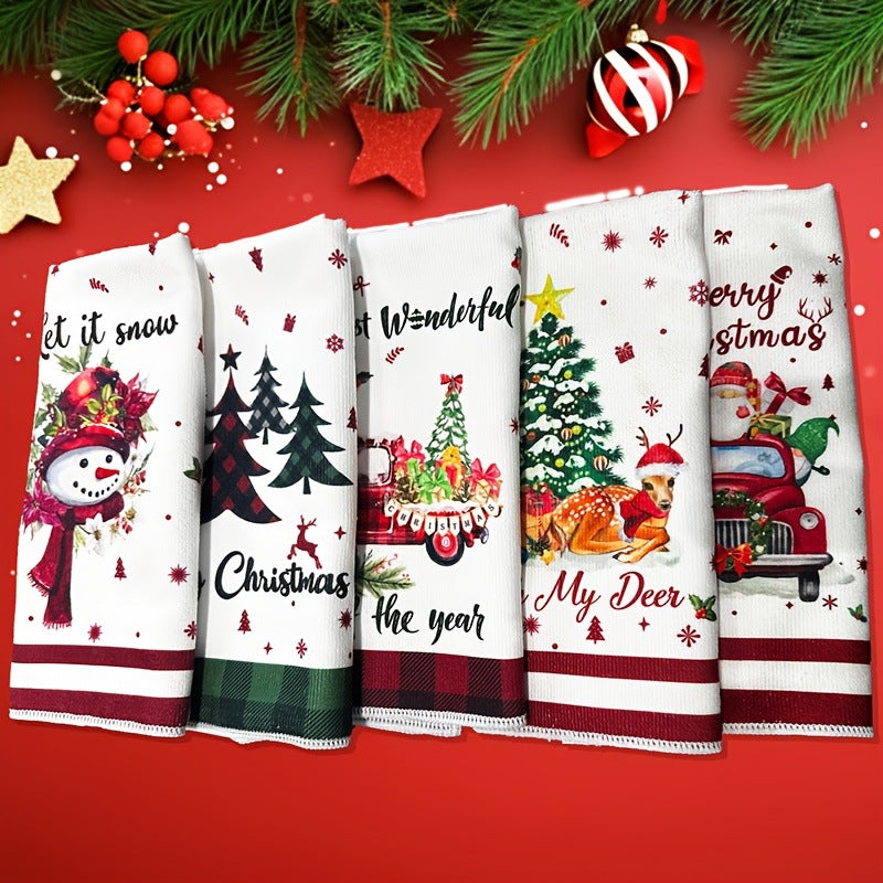Christmas Kitchen Towels Set of 5 - Festive Superfine Microfibre Dish Cloths for Holiday Decor & Cleaning