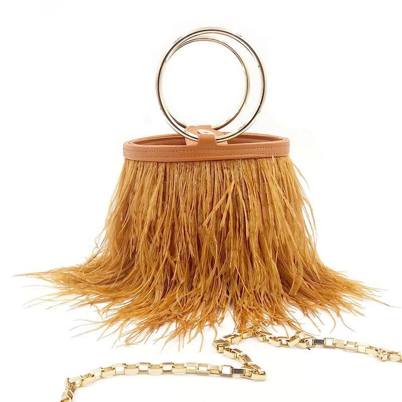 Ostrich Feather Chain Bag – Luxury Round Shoulder Bag with Ring Detail