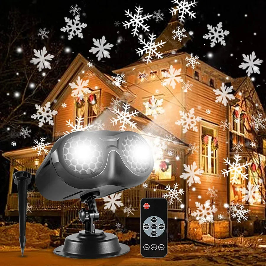 Double-Head Christmas Snowfall Projector Light – Outdoor Rotating Snowflake Spotlight