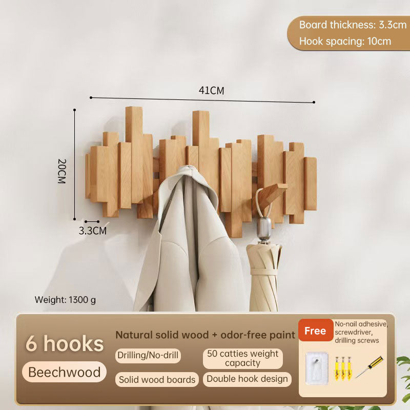 Solid Beech Wood Piano Key Wall Hook Rack - No Drill or Screw Mount, Entryway Coat and Bag Organiser