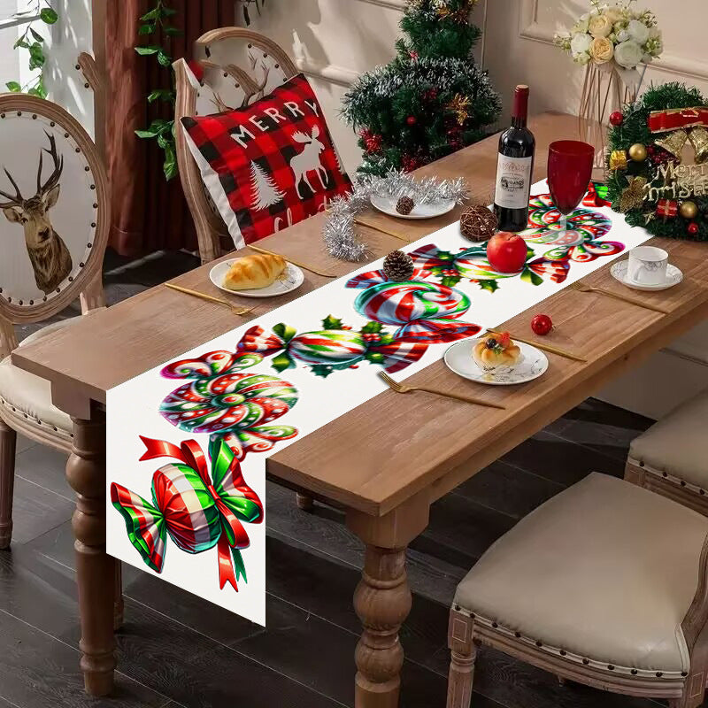Christmas Candy Print Table Runner - Festive White Hemp Dining Decoration (33 x 183cm)