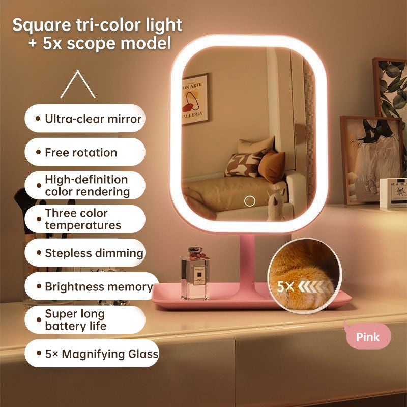 Large Square Rotating LED Makeup Mirror with Adjustable Lighting - Vanity Mirror for Bedroom and Dormitory