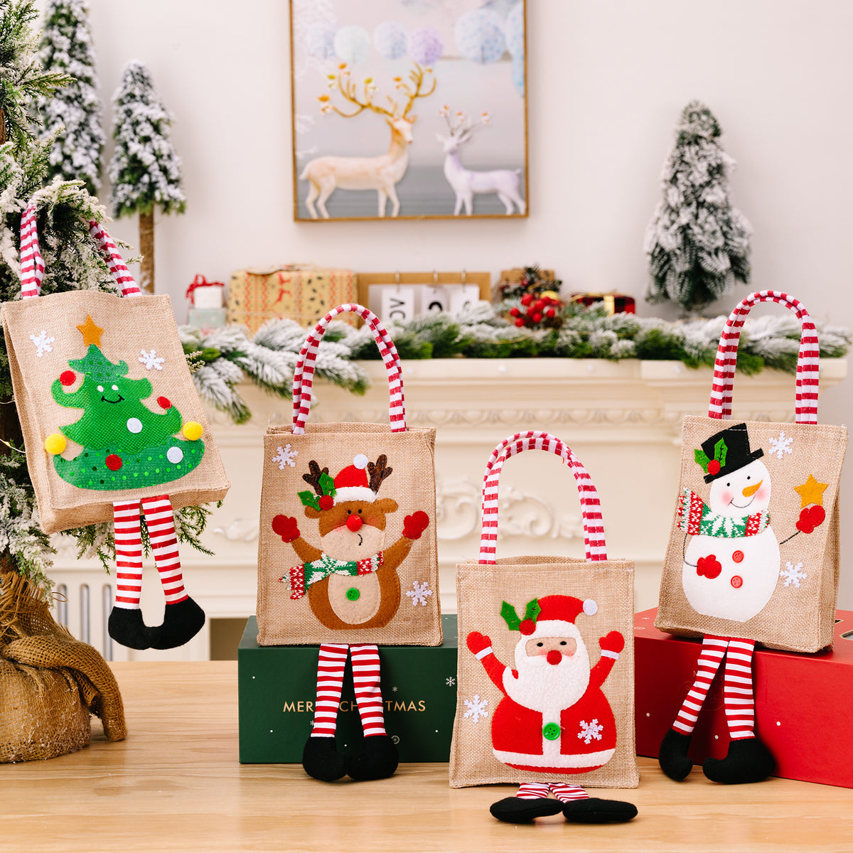 Christmas Decorative Cartoon Printed Stripe Leg Tote Bag for Kids Gift Bag