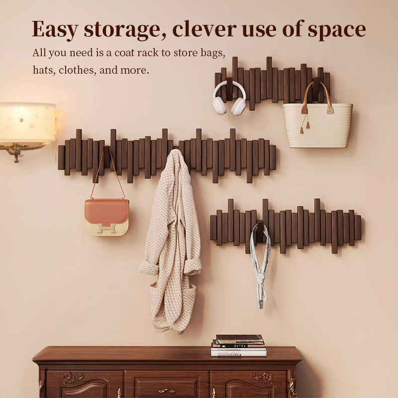 Solid Beech Wood Piano Key Wall Hook Rack - No Drill or Screw Mount, Entryway Coat and Bag Organiser