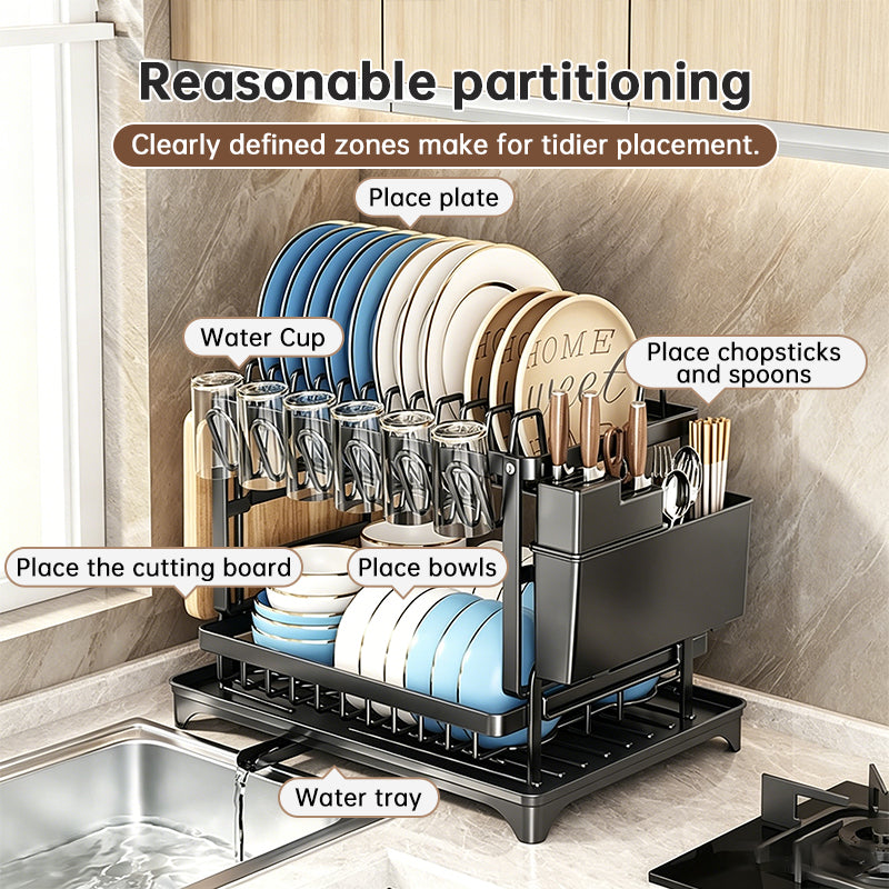 2-Tier Dish Drying Rack - Large Capacity Rustproof Carbon Steel Kitchen Drainer with Rotating Spout & Knife Holder