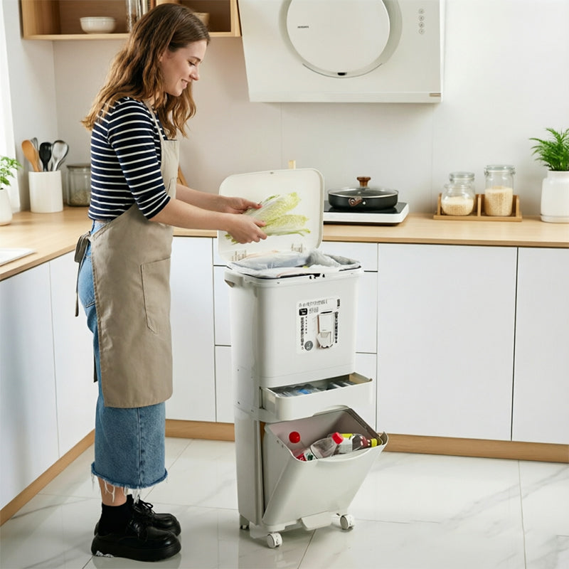 42L Kitchen Recycling Bin with Pedal & Wheels - 3 Compartment Sorting Bin