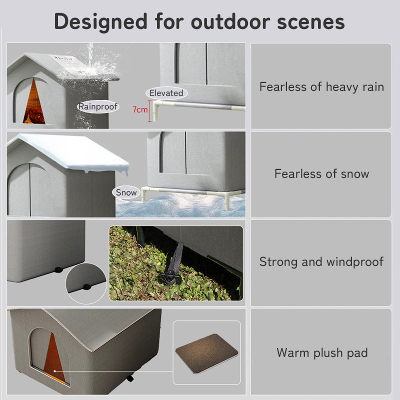 Insulated Outdoor Cat House with Raised Base - Windproof Weatherproof Shelter with Reflective Lining