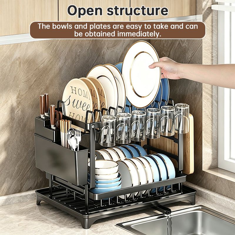 2-Tier Dish Drying Rack - Large Capacity Rustproof Carbon Steel Kitchen Drainer with Rotating Spout & Knife Holder