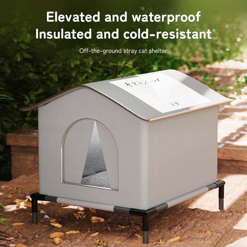 Insulated Outdoor Cat House with Raised Base - Windproof Weatherproof Shelter with Reflective Lining