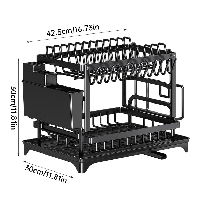 2-Tier Dish Drying Rack - Large Capacity Rustproof Carbon Steel Kitchen Drainer with Rotating Spout & Knife Holder