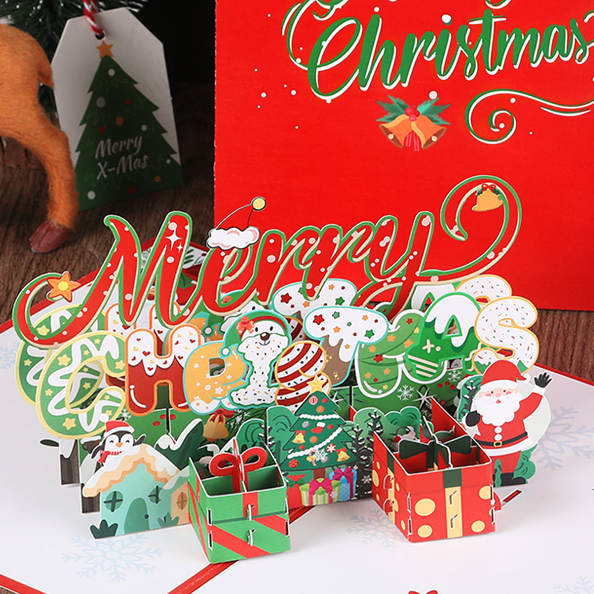 Christmas 3D greeting card, Christmas tree, little penguin cartoon, cute paper carving, handwritten message greeting card