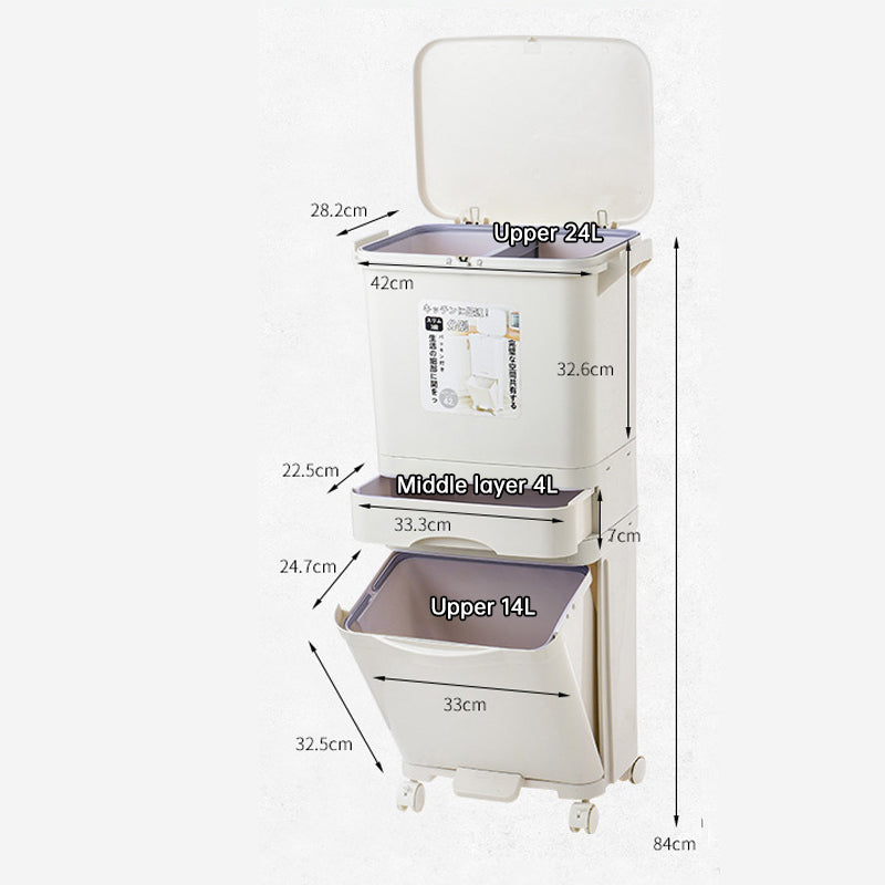 42L Kitchen Recycling Bin with Pedal & Wheels - 3 Compartment Sorting Bin