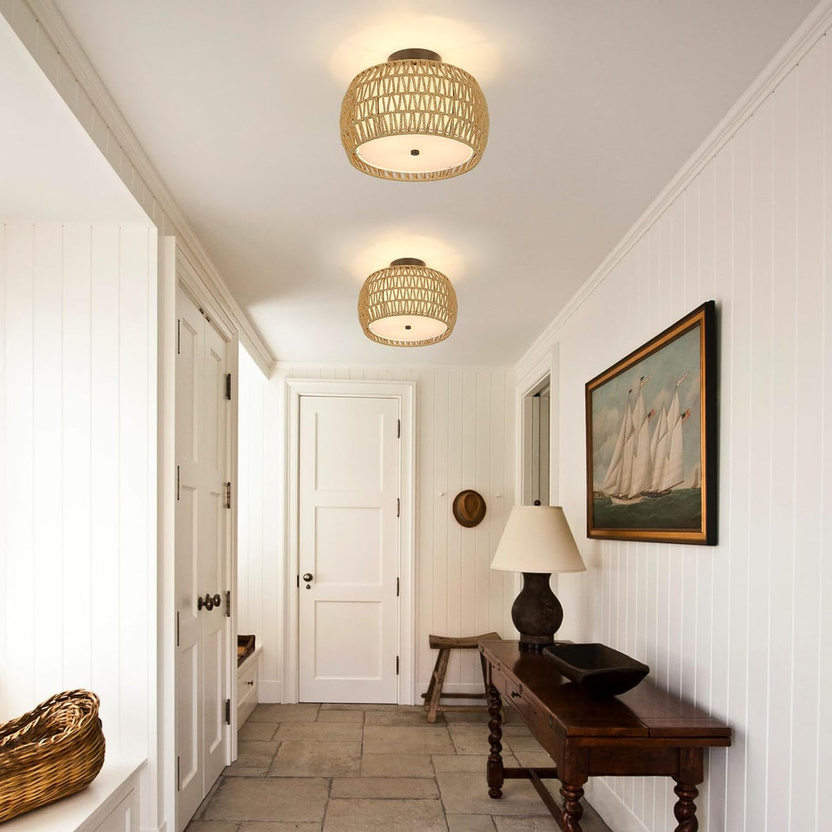 Boho Rattan Ceiling Light with Fabric Shade - Hand-Woven Semi Flush Mount, Farmhouse Style, Brown