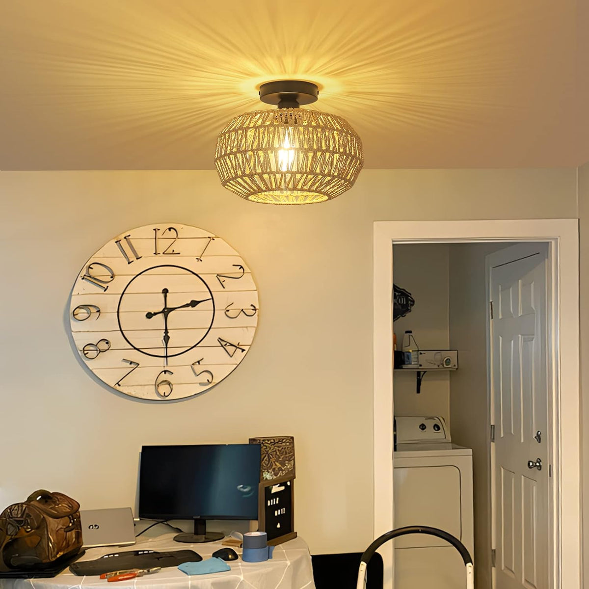 Boho Rattan Ceiling Light - Hand-Woven Flush Mount Fixture with Dimmable LED Bulb, 12" Natural Brown