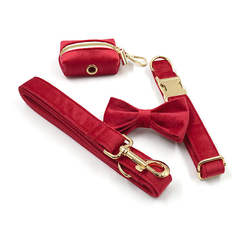 Christmas Red Velvet & Gold Buckle Pet Collar, Leash & Accessories Set - Festive Dog Supplies