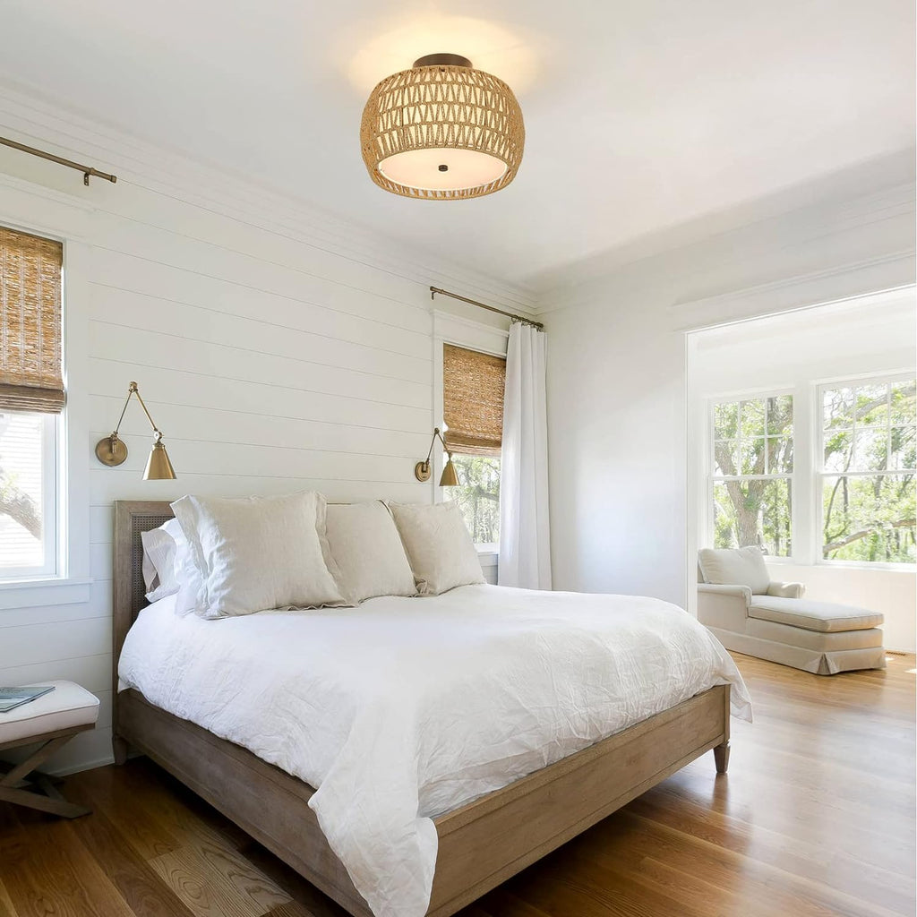 Boho Rattan Ceiling Light with Fabric Shade - Hand-Woven Semi Flush Mount, Farmhouse Style, Brown