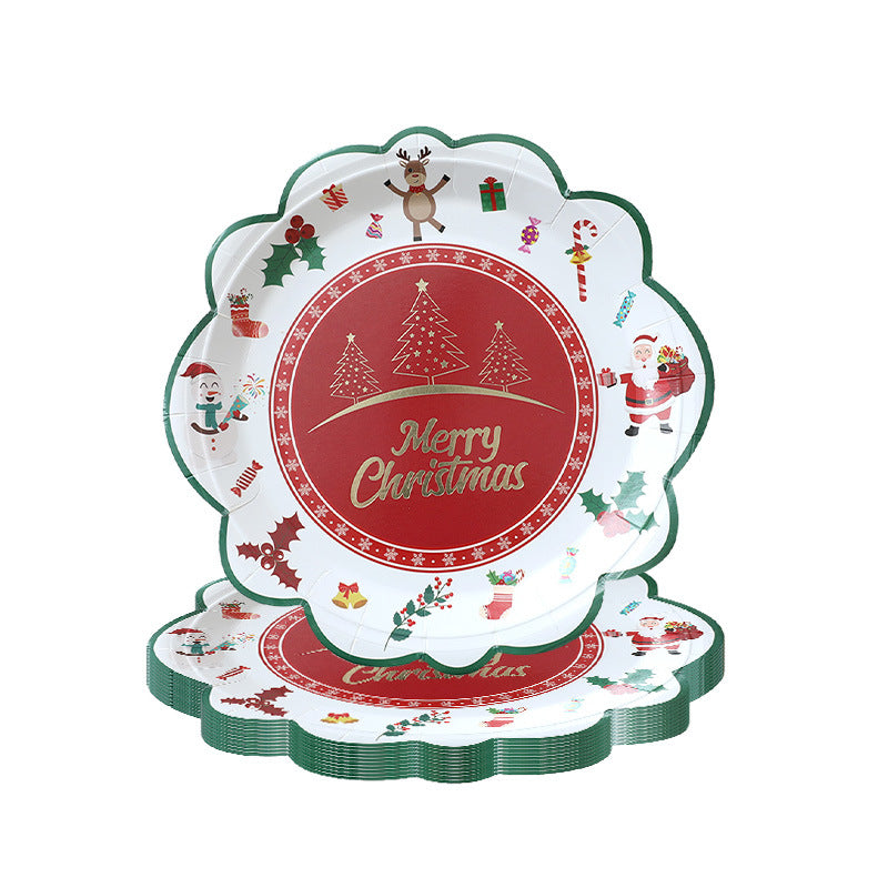 Christmas themed party supplies, lace disposable paper plates, paper cups, tissue tablecloths, dining plates, Christmas cutlery sets