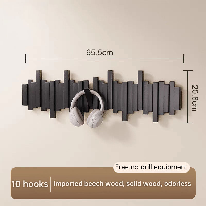 Solid Beech Wood Piano Key Wall Hook Rack - No Drill or Screw Mount, Entryway Coat and Bag Organiser