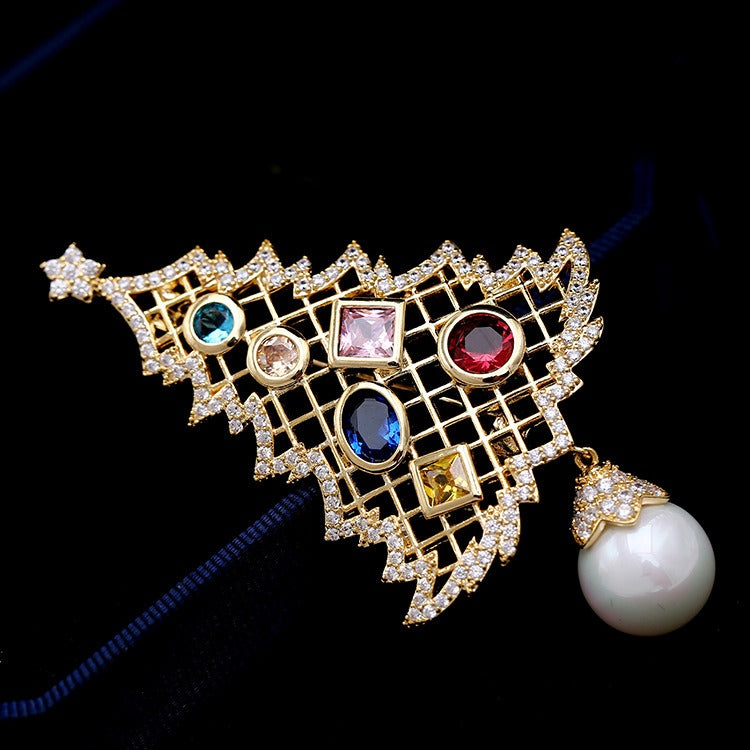 Christmas Tree Crystal Brooch Pin - Gold Dual-Purpose Festive Jewellery Accessory