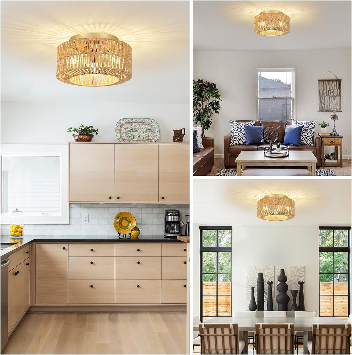 Boho 3-Light Rattan Ceiling Light - Farmhouse Flush Mount Fixture with Hand-Woven Shade, Brown & Gold