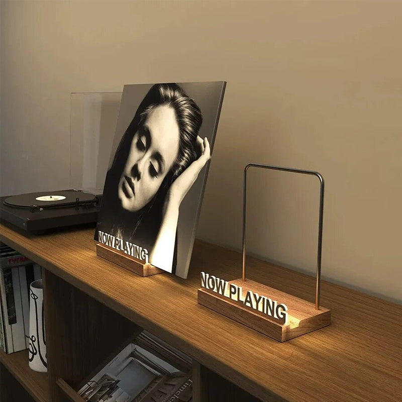 LED Wooden Vinyl Record Stand - Illuminated LP Album Display for Home, Cafe & Office