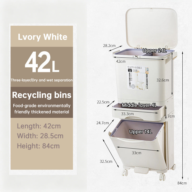 42L Kitchen Recycling Bin with Pedal & Wheels - 3 Compartment Sorting Bin