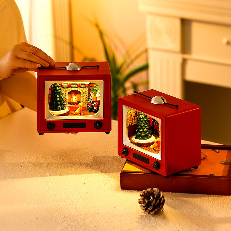 Christmas Rotating Music Box Vintage TV Ornament - Luminous Santa Desktop Decoration in 2 Designs